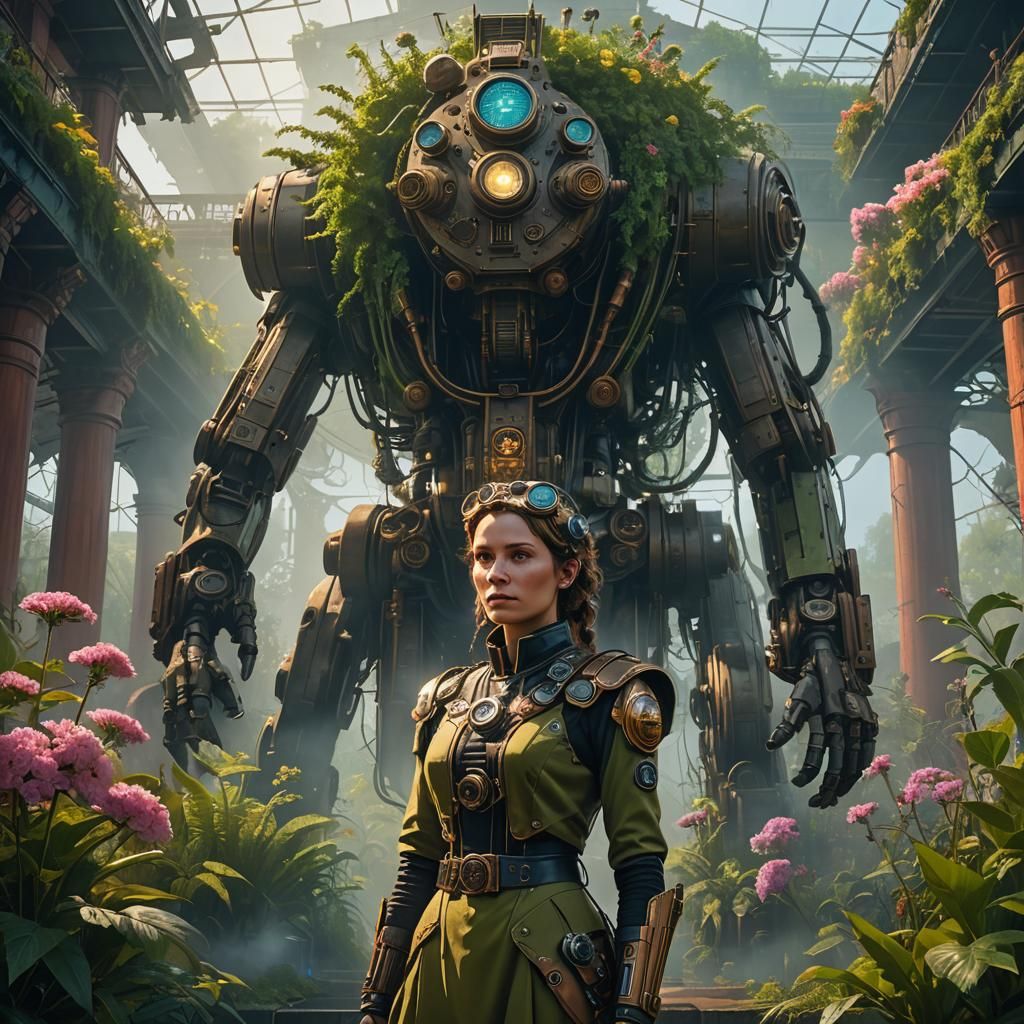 Alien Queen in Steampunk Temple: Digital Art