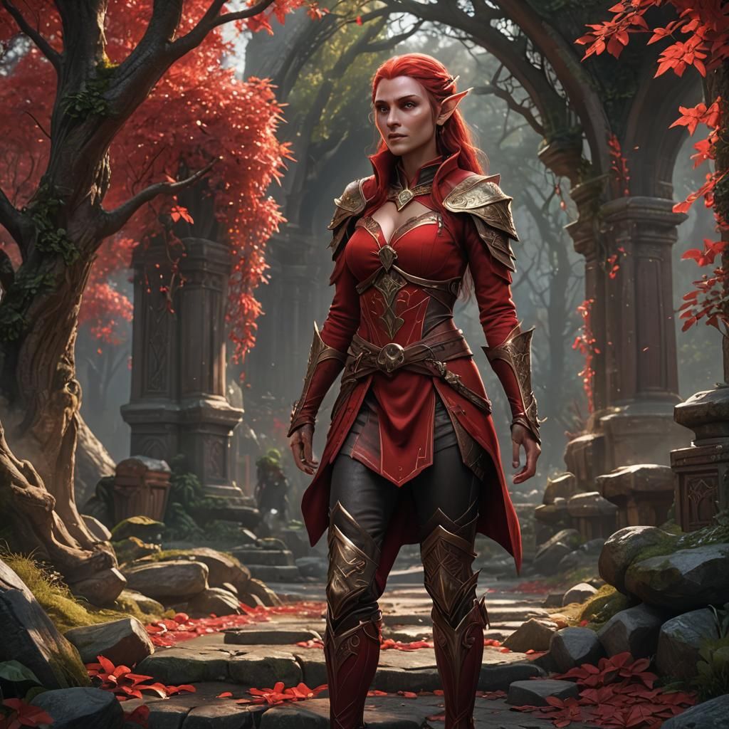 Fantasy Elf in Red Clothes: Detailed Digital Painting