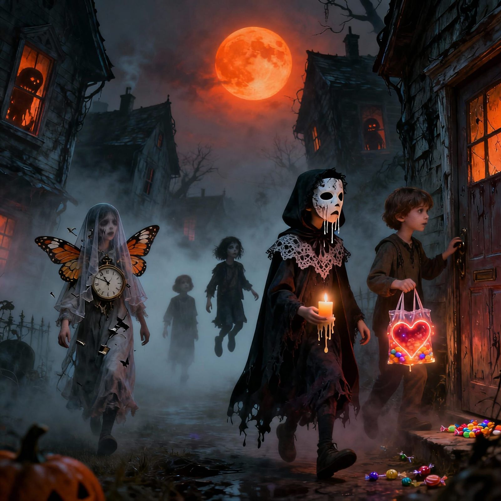 Children Under Blood-Orange Moon in Foggy Neighborhood
