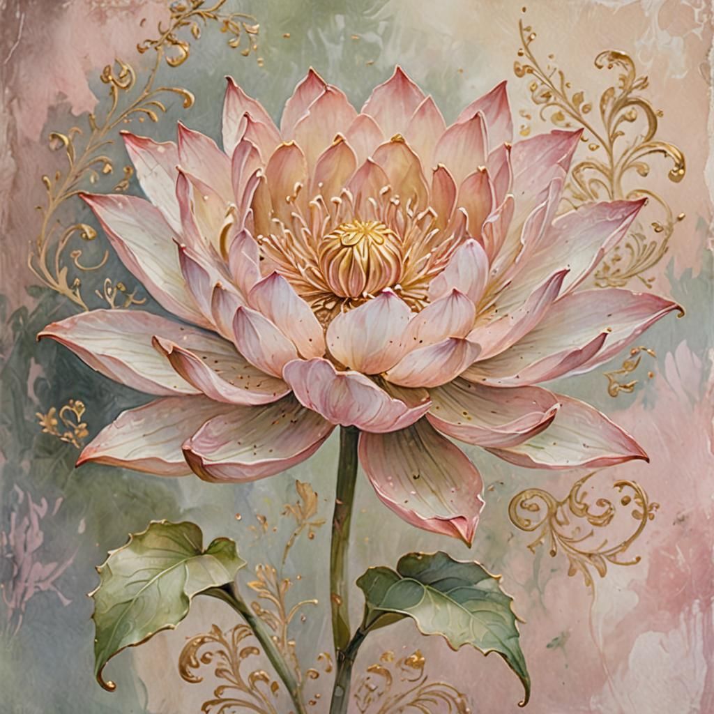 A painting of a faded pale pink  flower with pointed petals ...