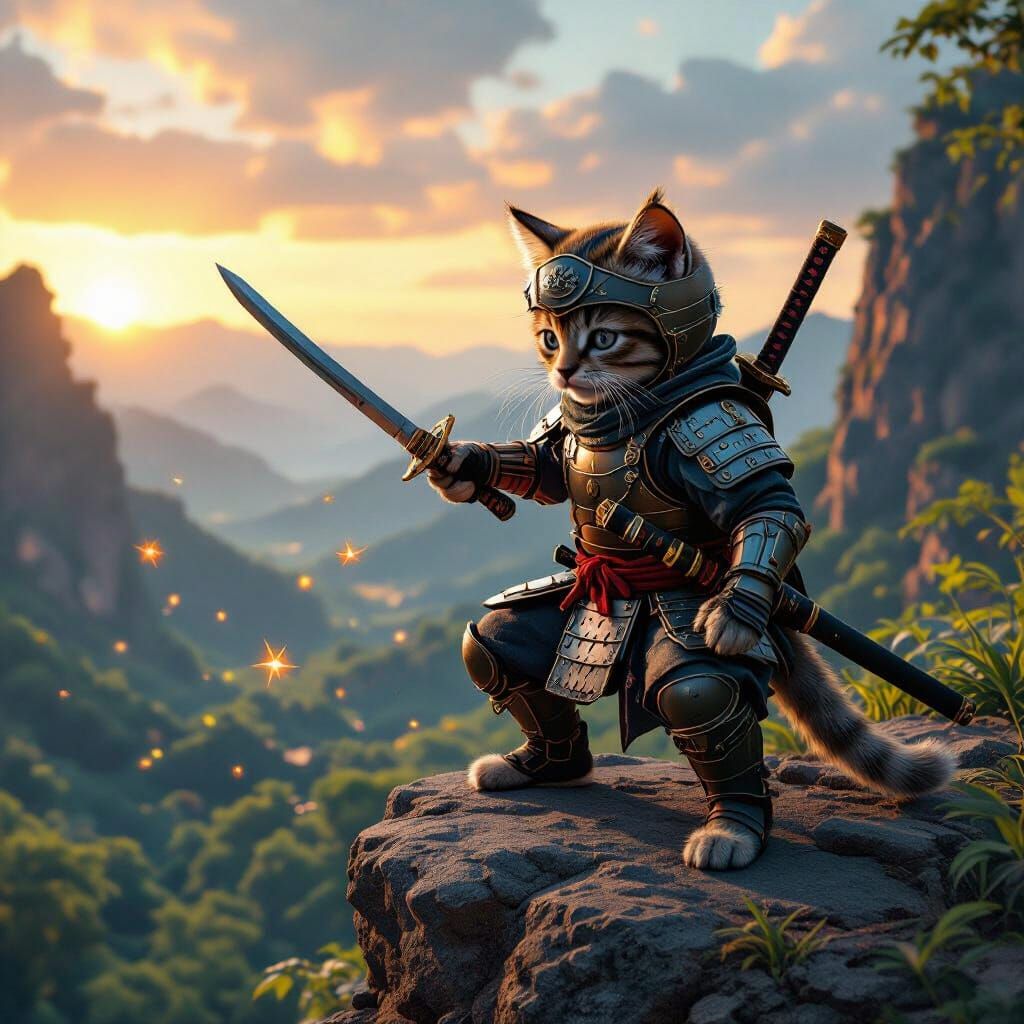 Kitten Ninja Warrior Overlooking Prehistoric Valley