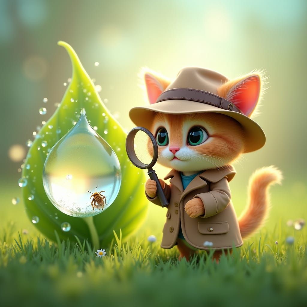Kitten Detective Investigates Dewdrop: Pixar-Inspired 3D Art