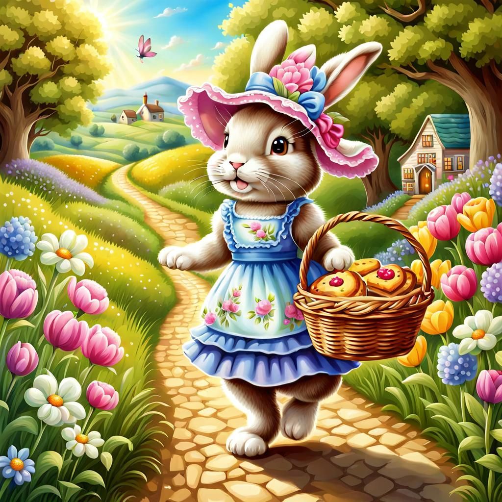Cute Bunny's Sunny Countryside Stroll: Airbrush Art