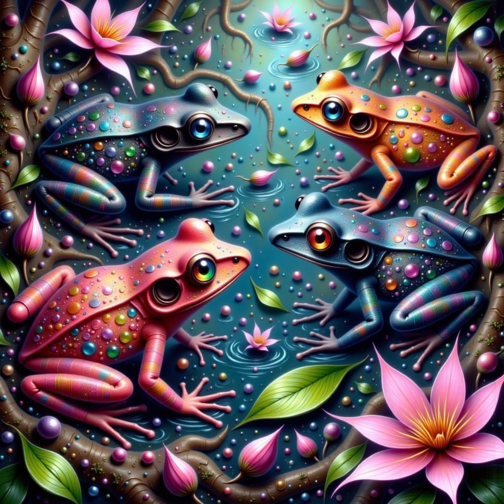 Red vs Black Frogs Play Checkers on Lush Game Board