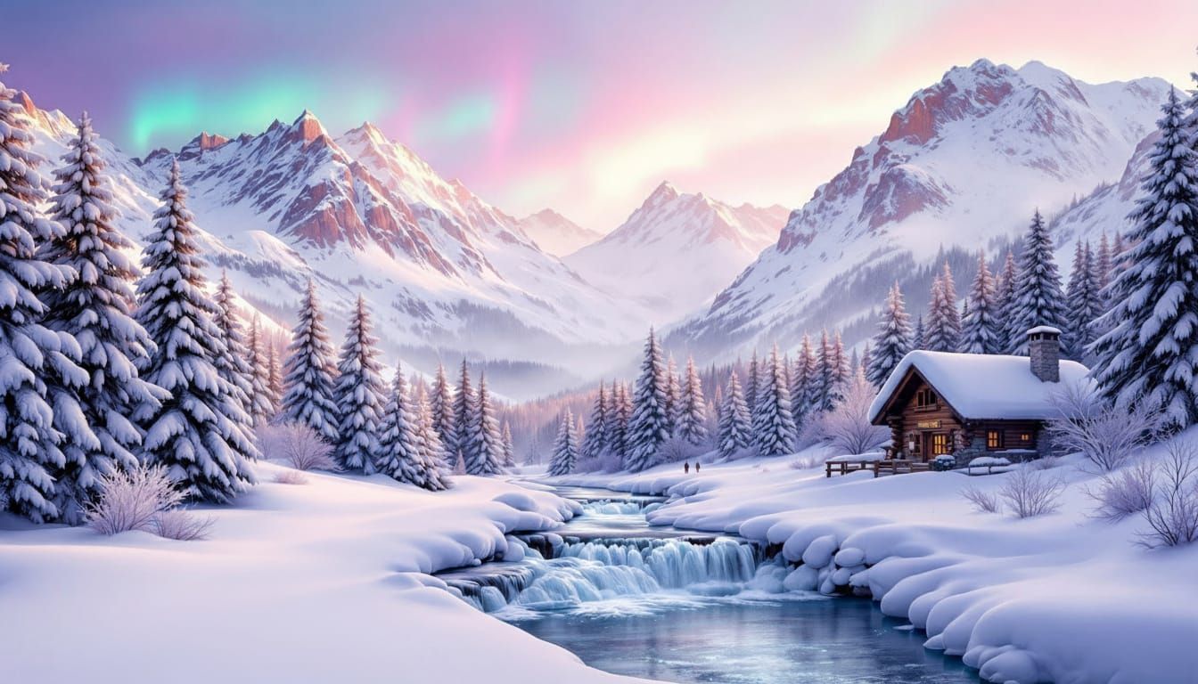 Alpine Winter Dawn with Aurora and Ice Waterfall