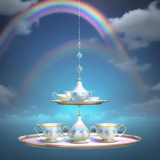 Magical Teacups Floating in Rainbow Sky