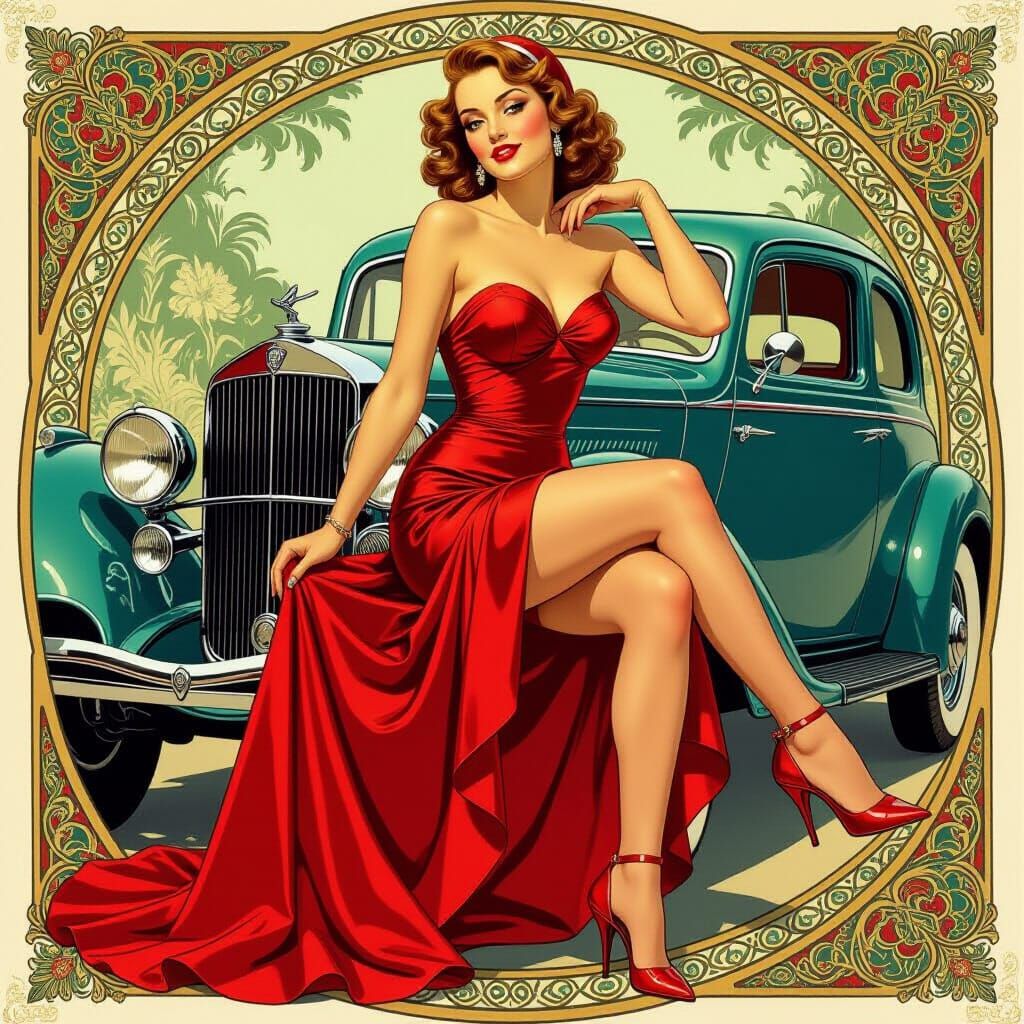 Pinup Girl in Red Dress, Vintage Art Style