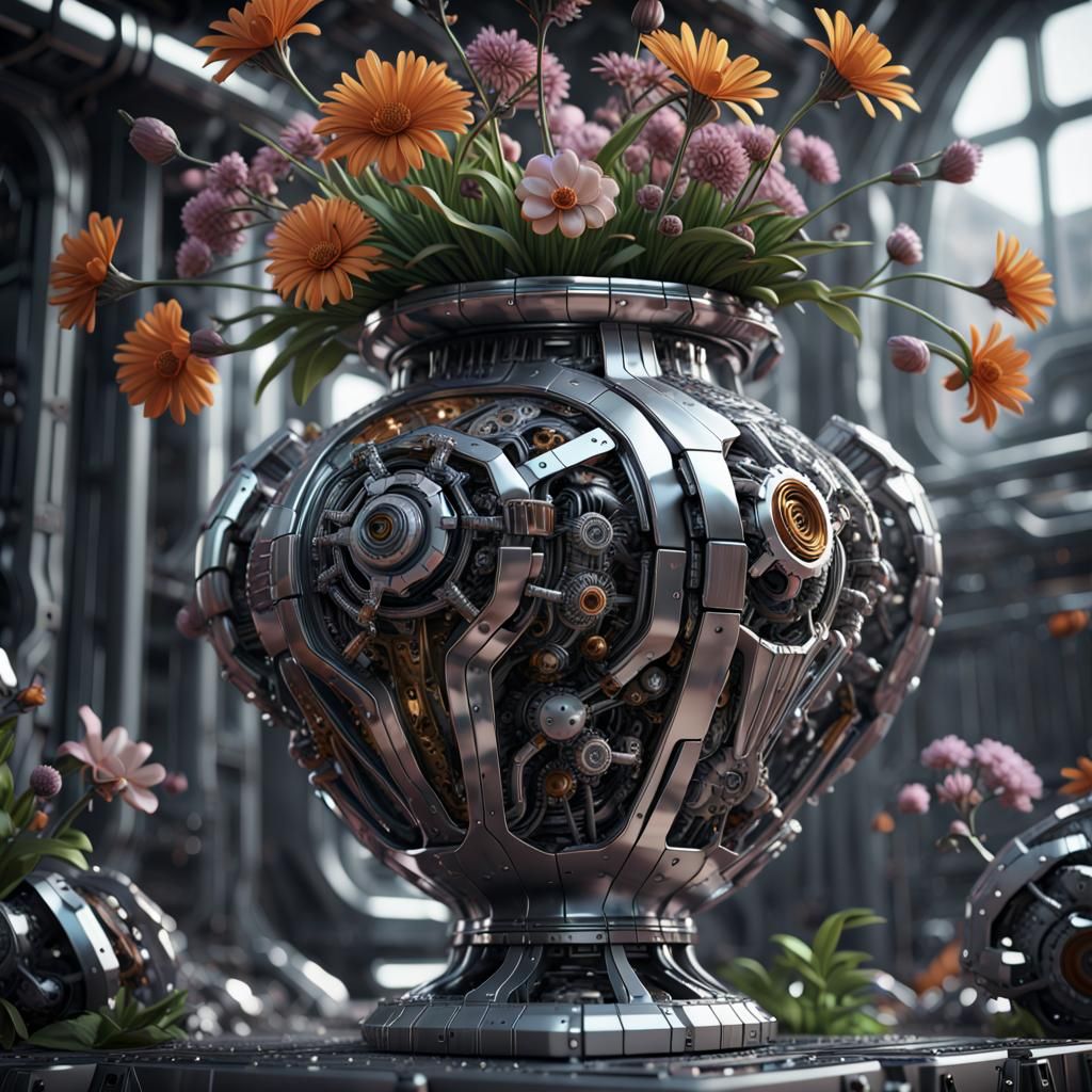Futuristic Silver Metal Vase and Flowers
