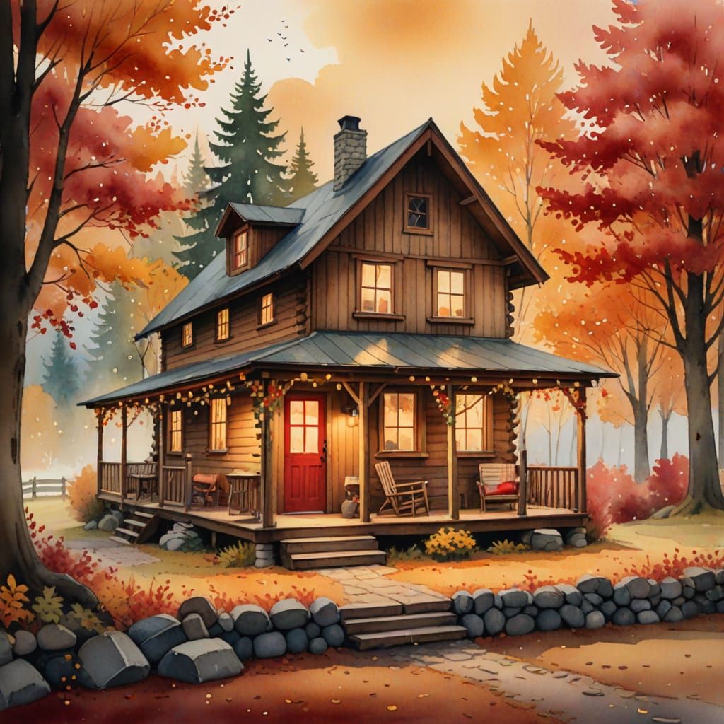 Cozy Autumn Cabin in Whimsical Watercolor Style