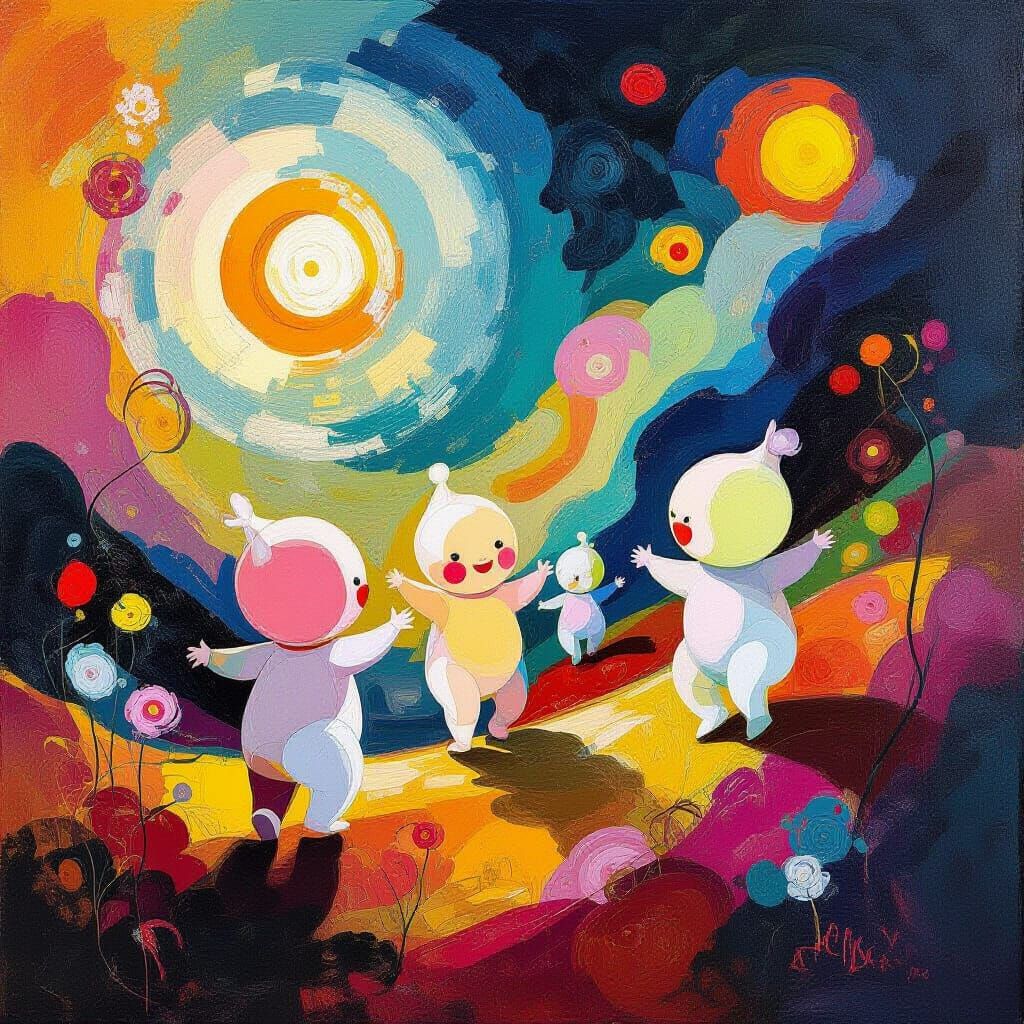 Joyful Abstract Babies Explore Dreamlike Landscape in Surrea...