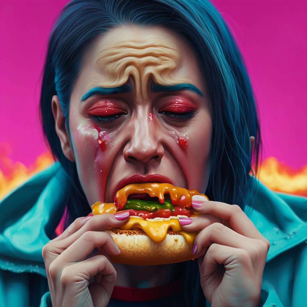 Crying Woman Eating Hotdog: Detailed Matte Painting