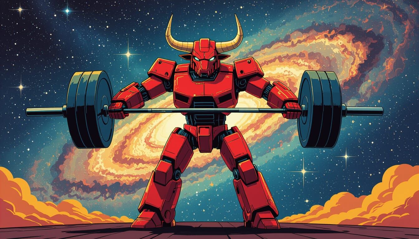 Robot Bull Balances Barbell on Horns in Cosmic Pop Art Style