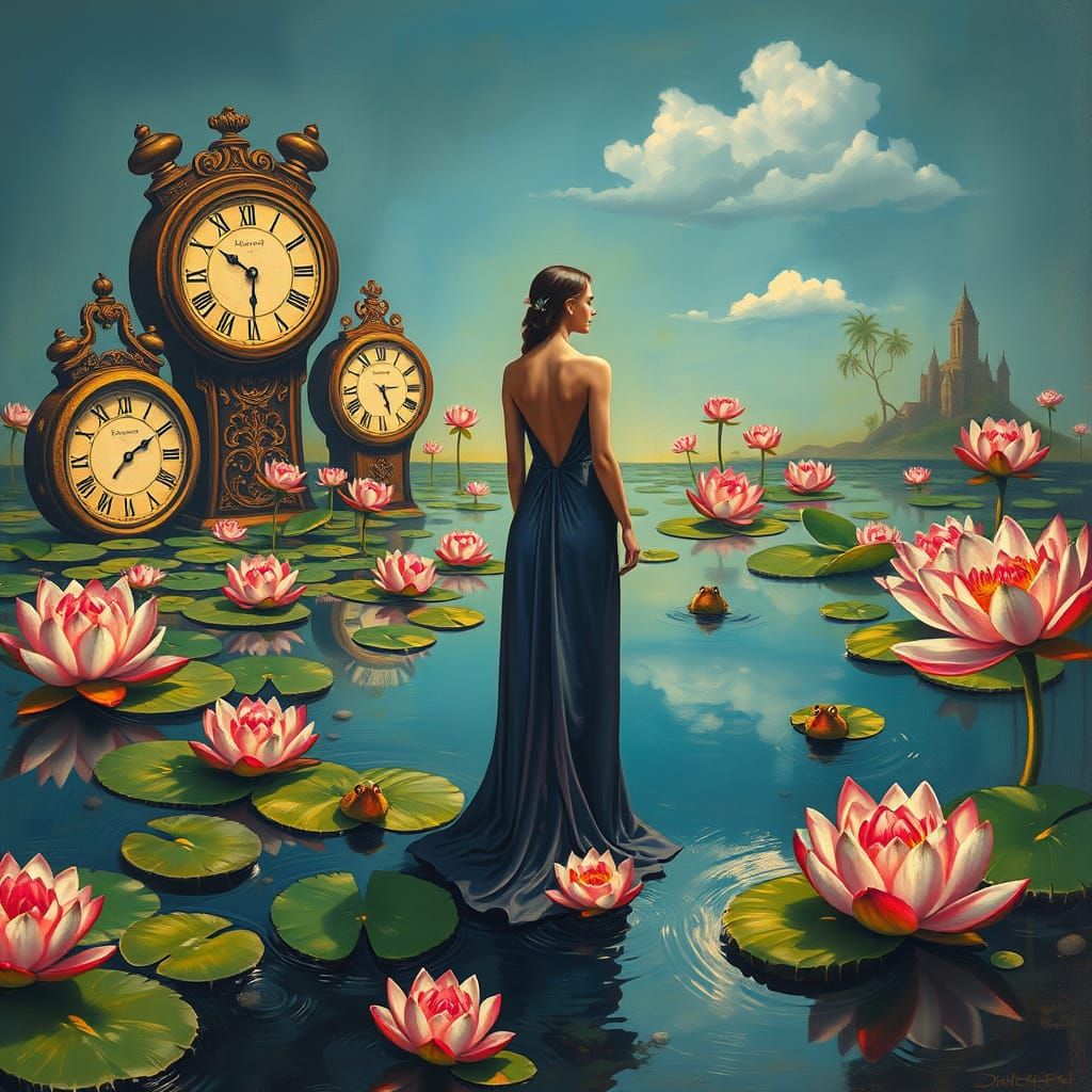 Dreamlike Lotus Pond in Surrealist Style
