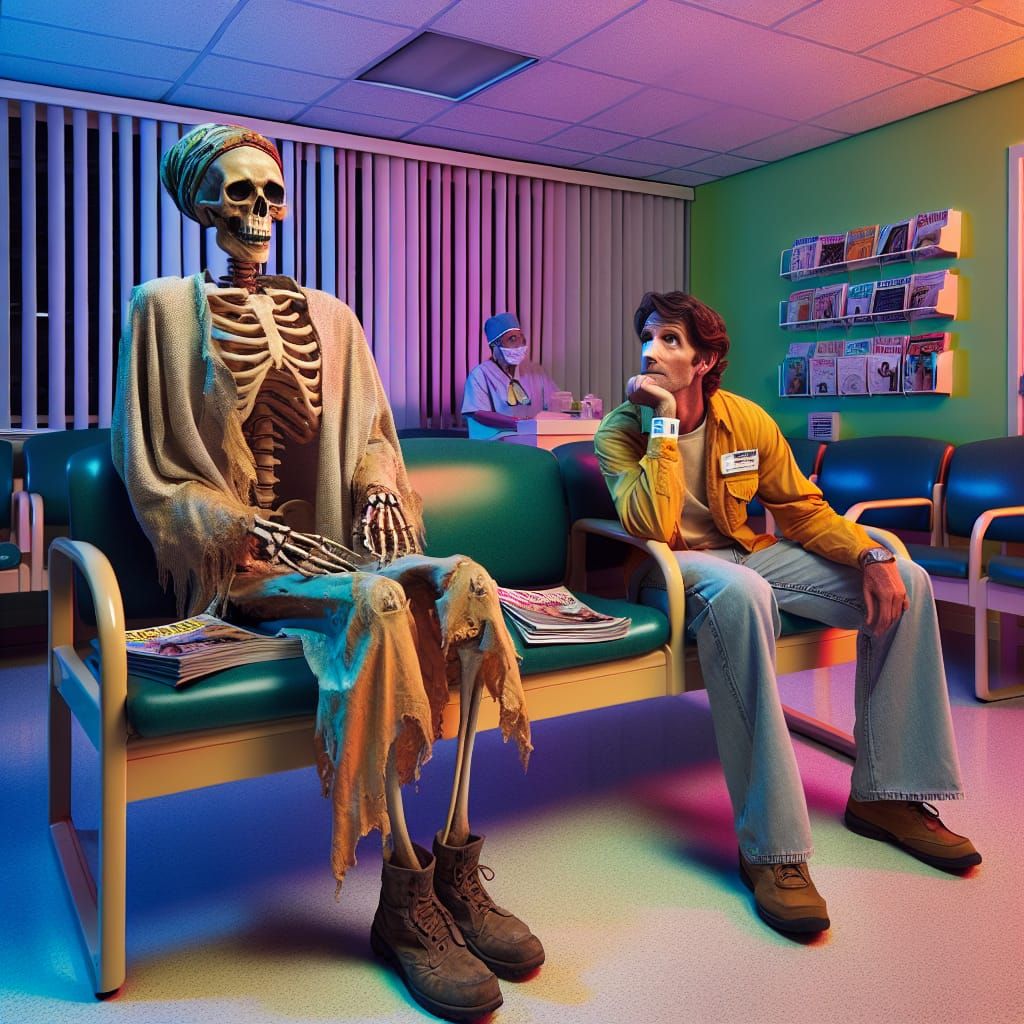 Mysterious Skeleton Waits Patiently in a Bright Waiting Room
