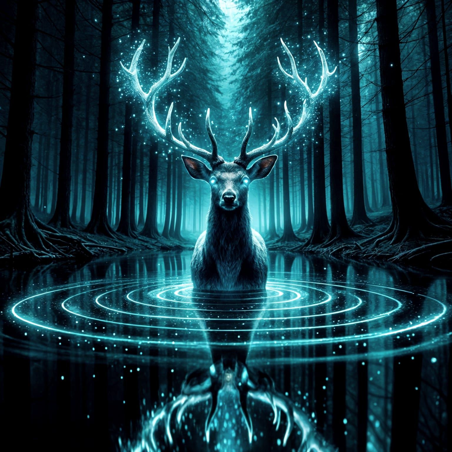 Enchanted Deer in Mystical Forest Pool