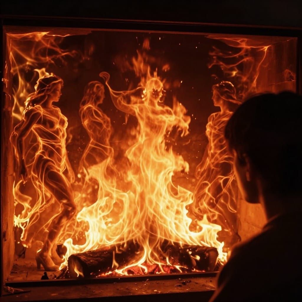 Ethereal Figures Dance in Fiery Ballroom