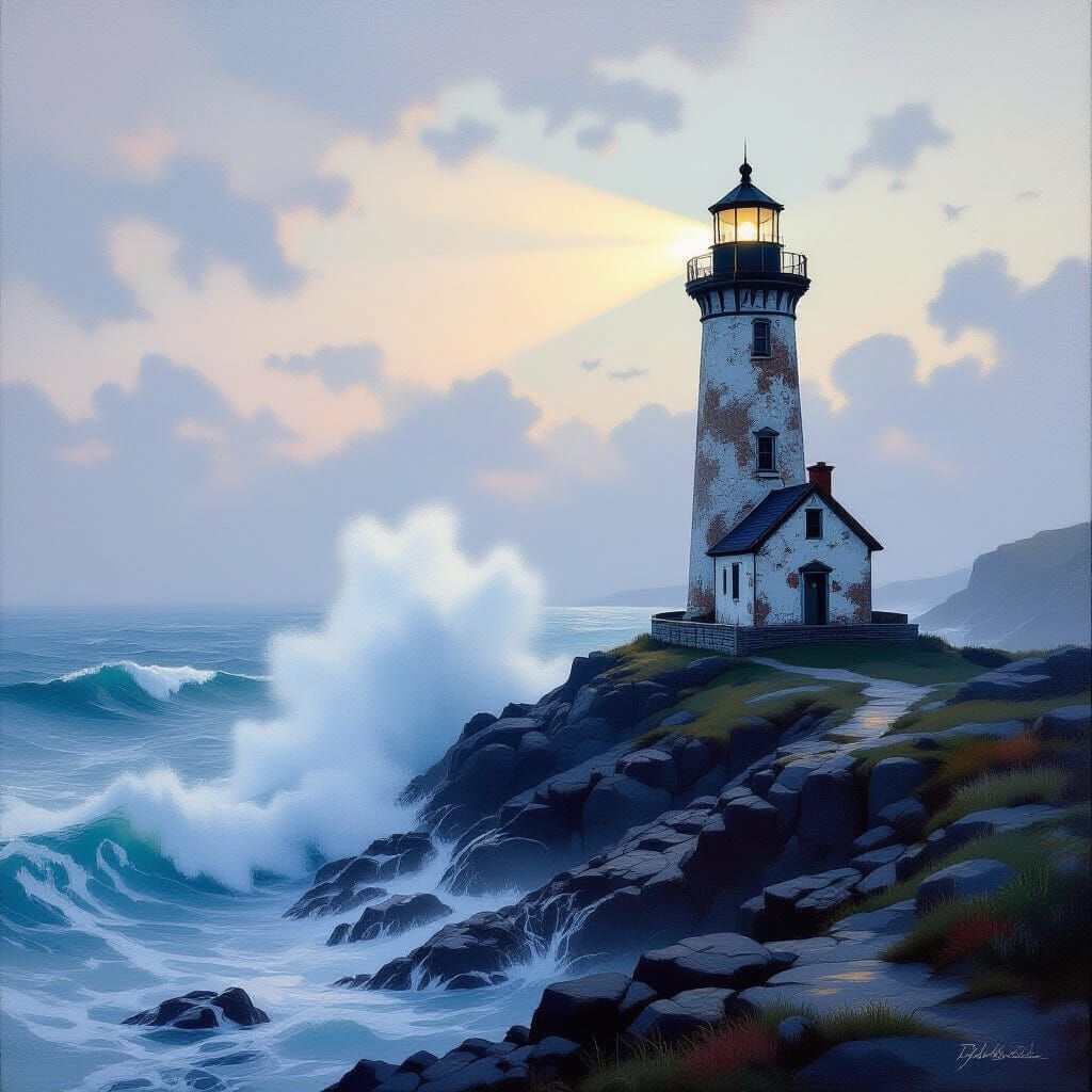 Lighthouse on Rugged Coastline in Oil Painting Style