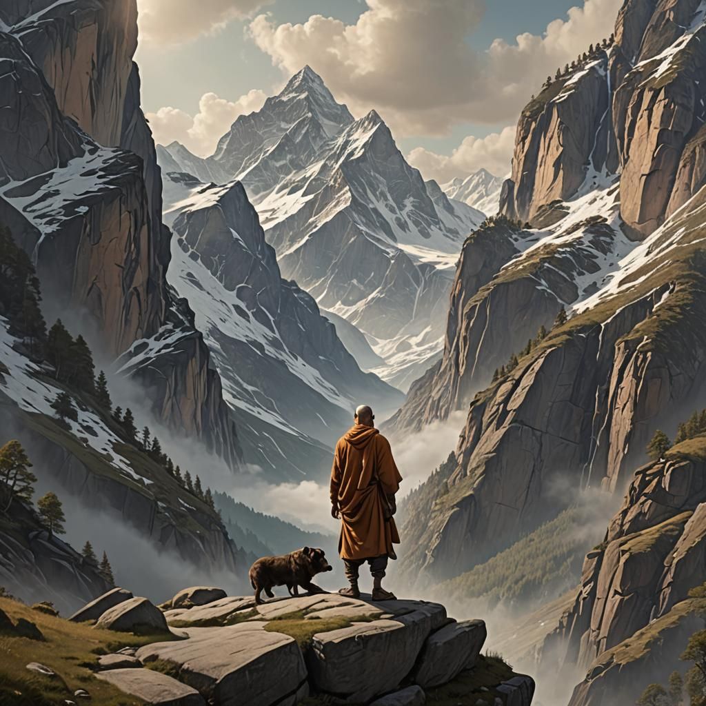 Yogi in Mountains: Detailed Matte Painting