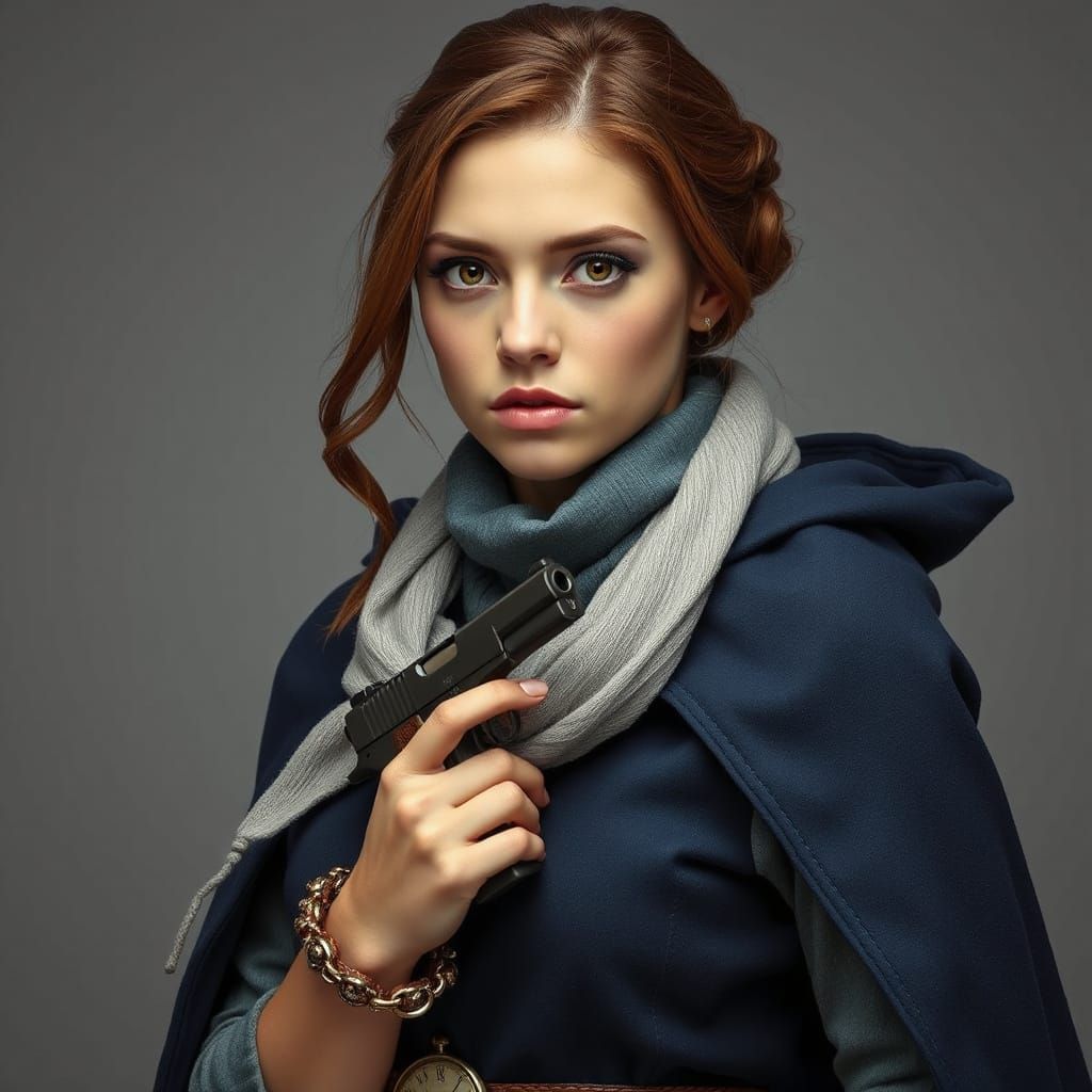 Woman with Handgun in Hyperrealistic Style