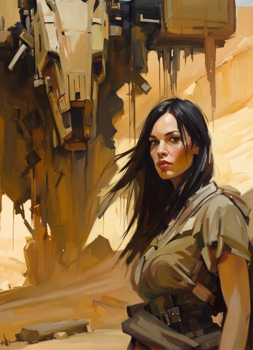 Desert Soldier Exploring Robot, in Comic Book Style