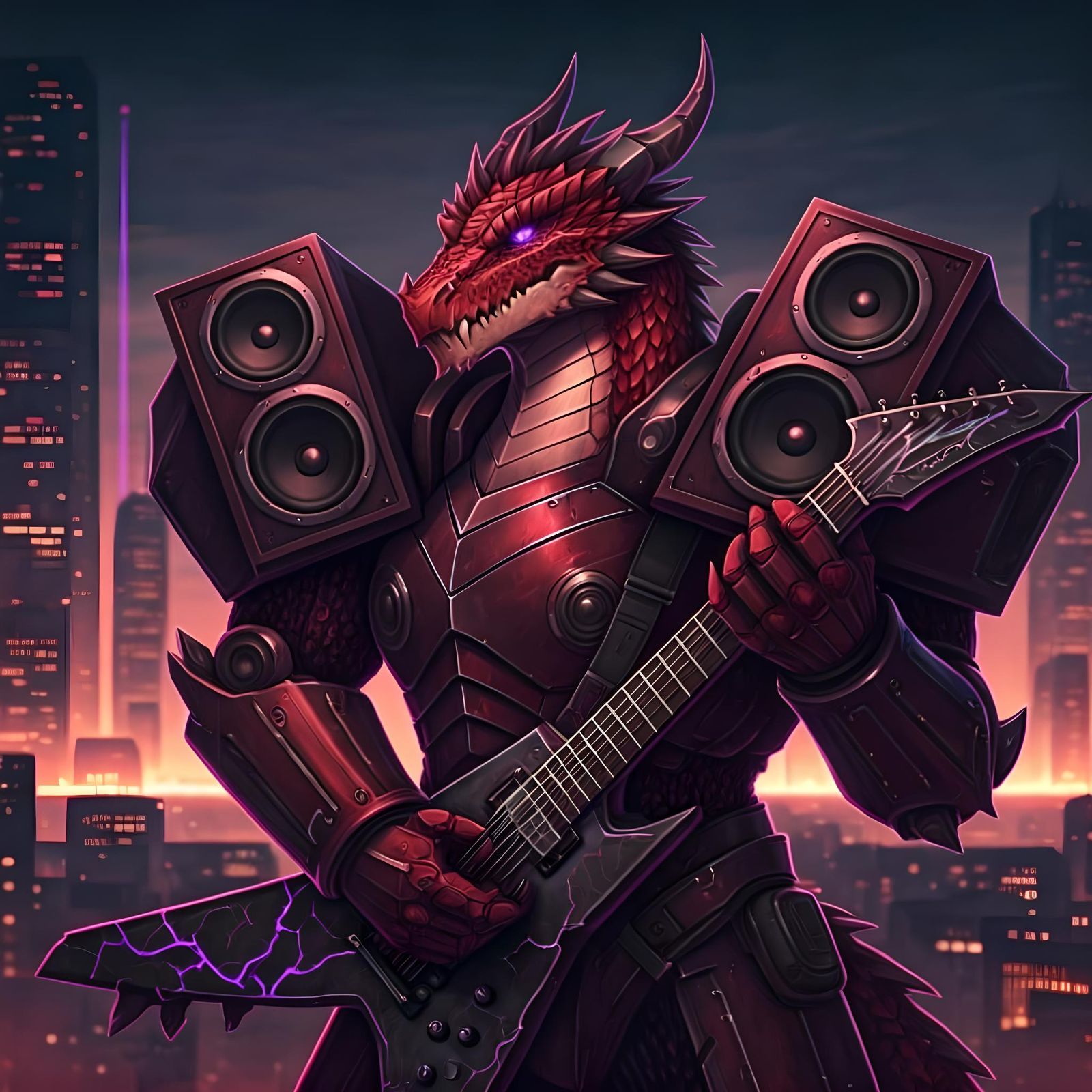 Dragonkin Warrior in Sci-Fi City with Guitar-Axe