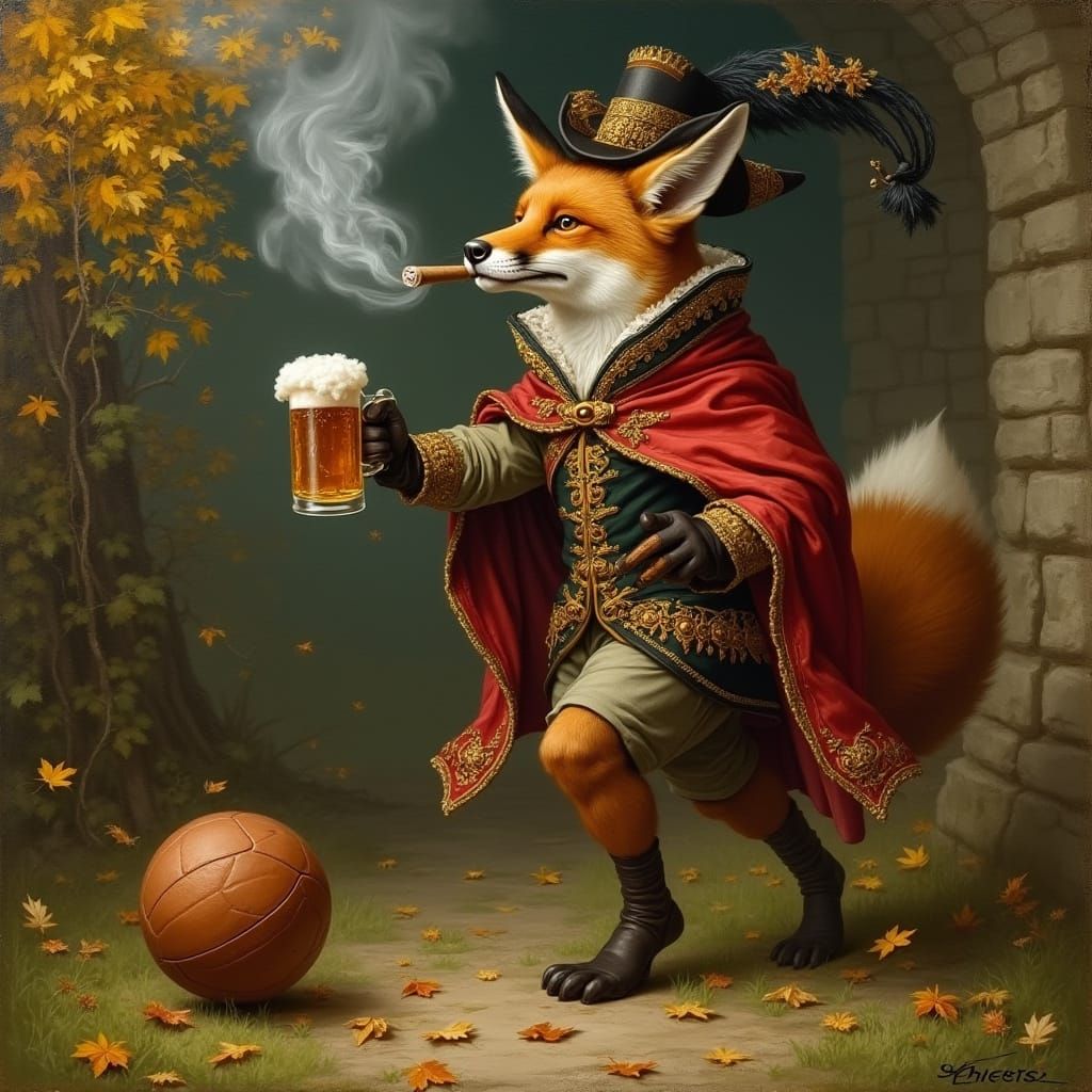 Noble Fox Plays Football in Autumn Countryside with a Twist