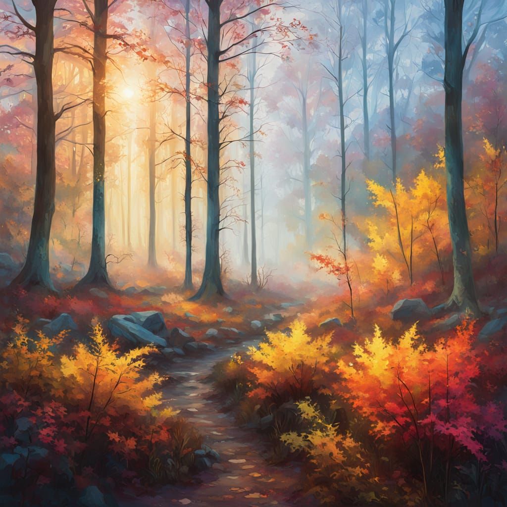 Ethereal Autumn Forest Landscape in Oil Painting Style