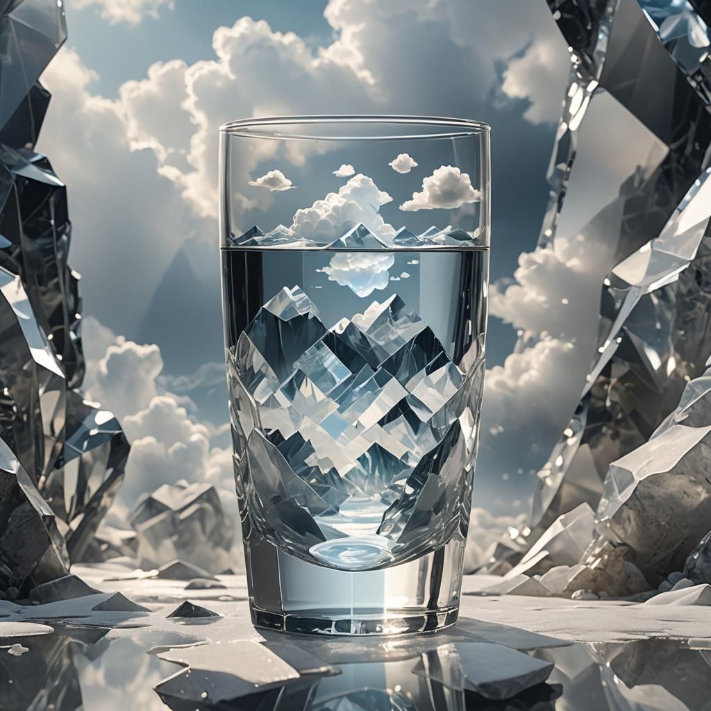 Sunlit Water Glass with Cloud in Geometric Surrealism