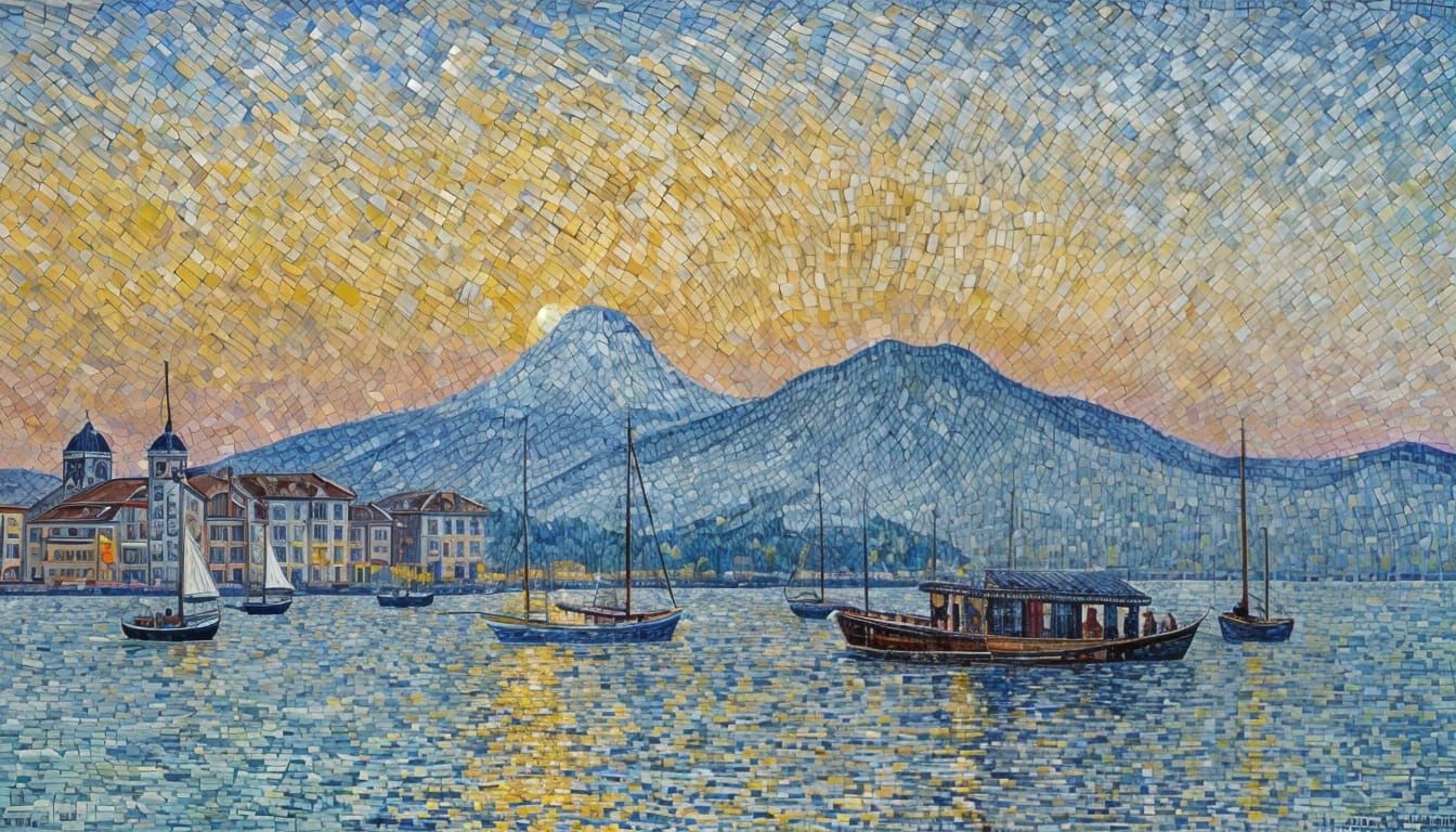 Woman in a Starry Night with Geometric Mountains and Golden....