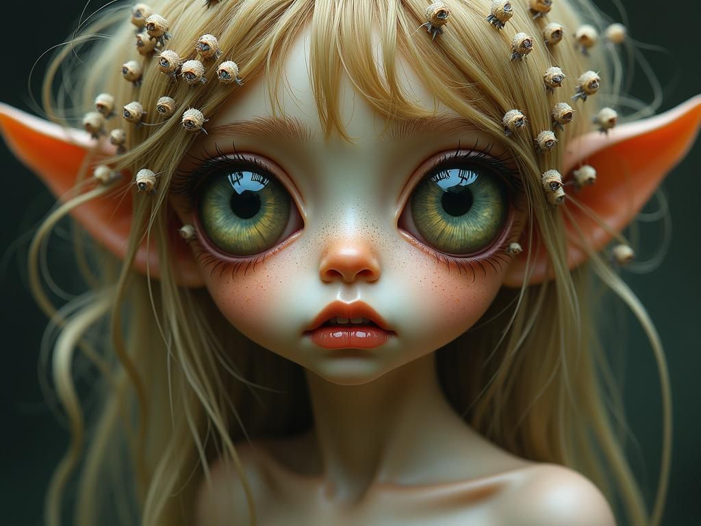 Surreal Fairy Portrait with Tiny Climbing Fairies