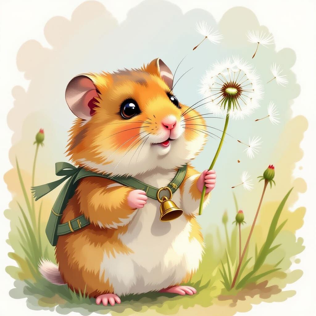 Whimsical Hamster and Dandelion in Watercolor Style