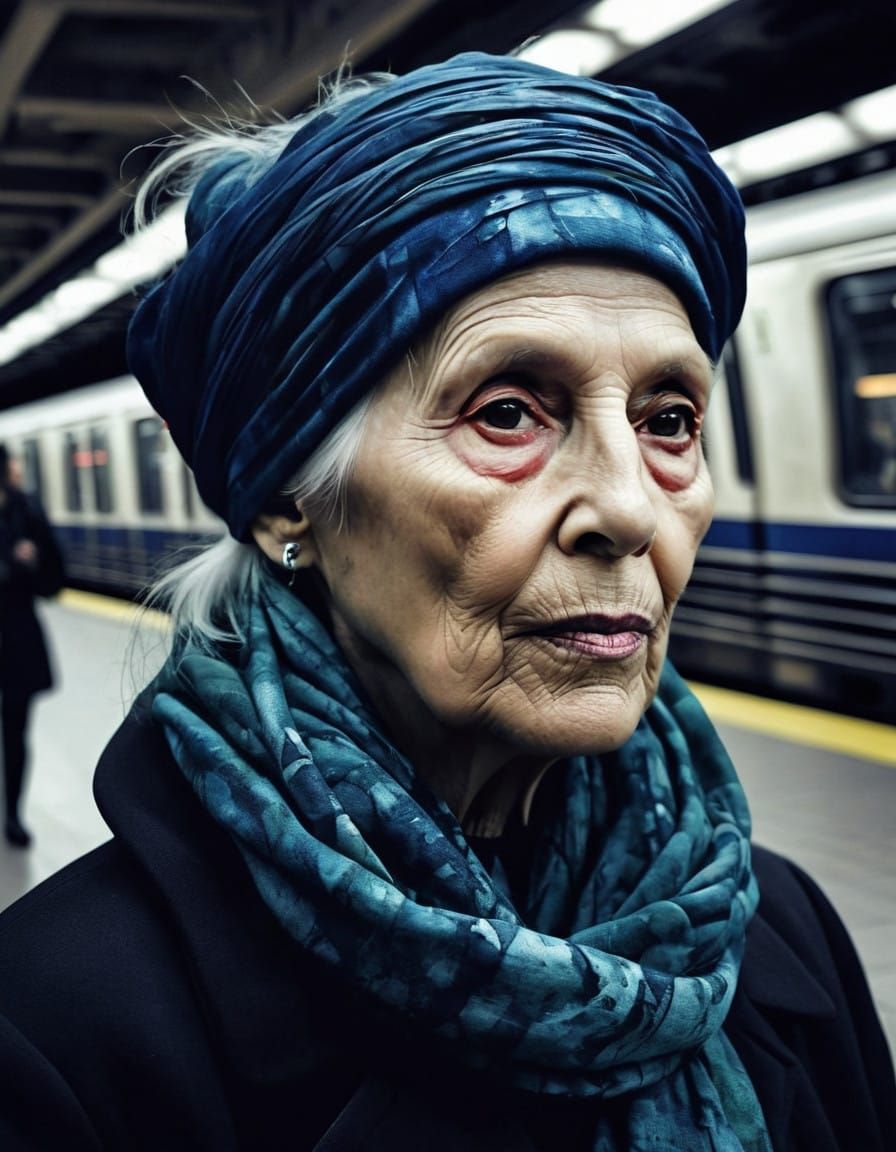 Neo-Dada Subway Station Portrait in Double-Exposure Shibori...