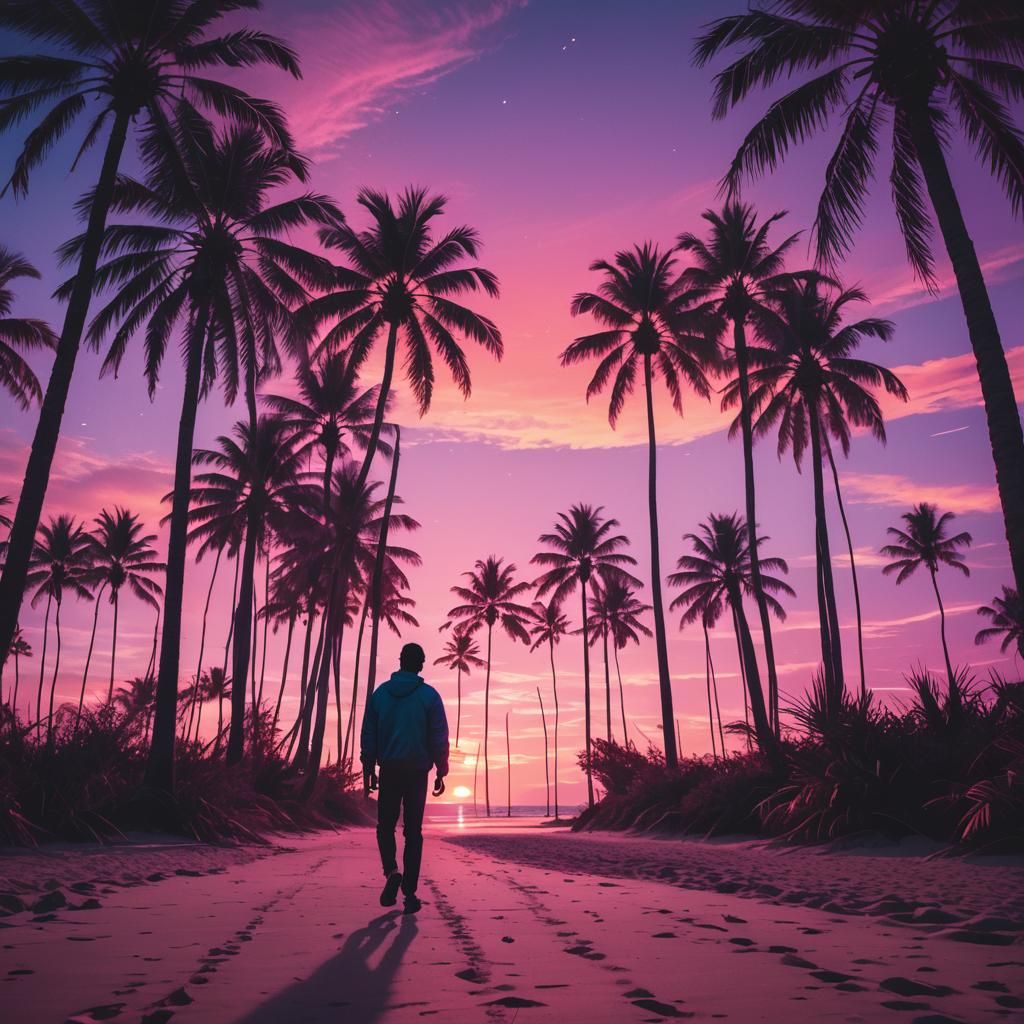 Neon Retro Beach Sunset in Synthwave Style