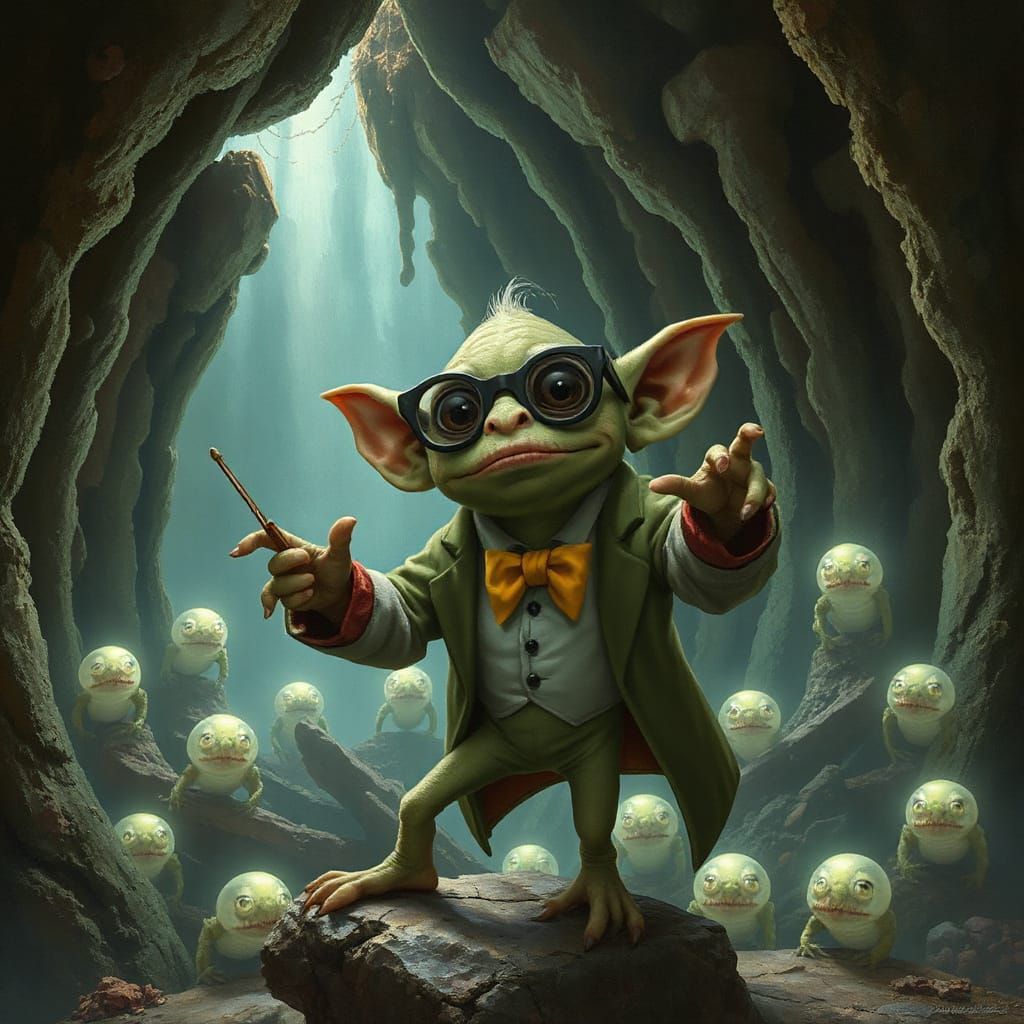 Gremlin Conductor Leading Bioluminescent Choir, Vintage Illu...