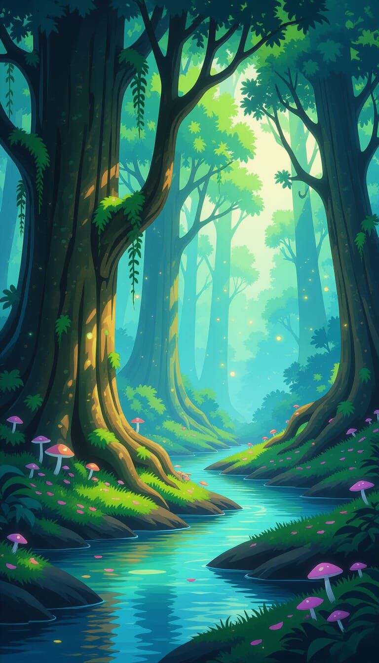 Enchanted Forest with Bioluminescent Moss in Ghibli Style
