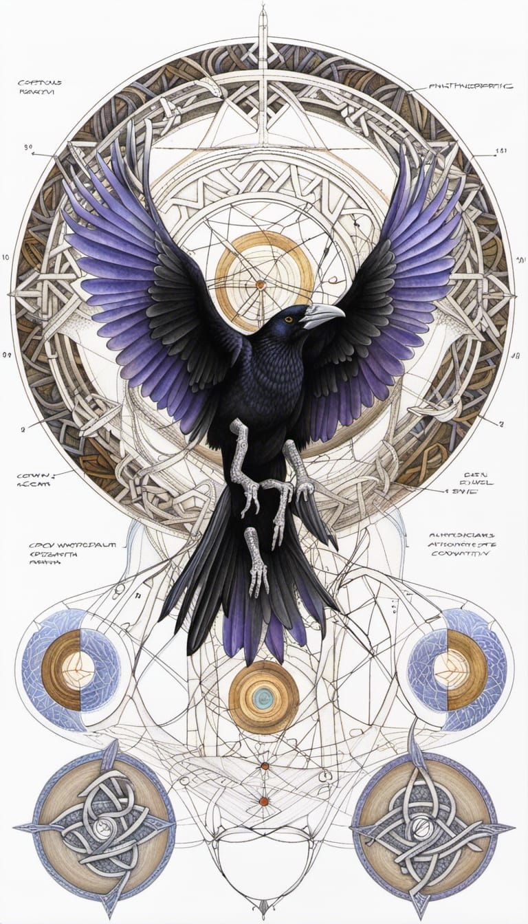 Anthropomorphic Crow Technical Diagram with Celtic Runes