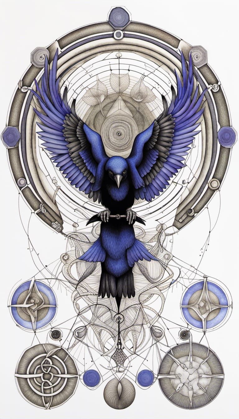 Anthropomorphic Crow Skeletal Diagram with Celtic Runes