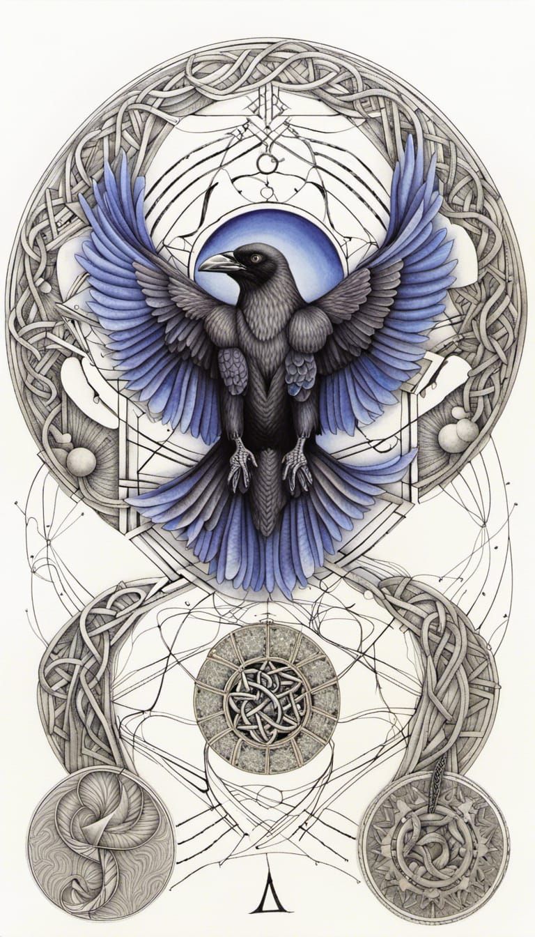 Anthropomorphic Crow: Technical Drawings with Celtic Runes