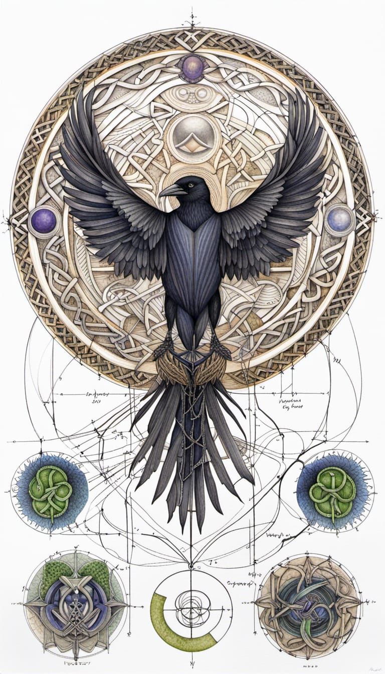 Anthropomorphic Crow: Technical Drawings with Celtic Runes