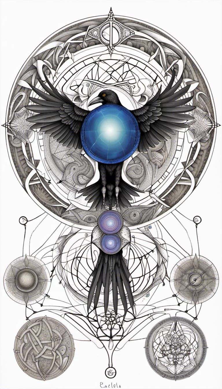Anthropomorphic Crow Technical Drawing with Celtic Runes