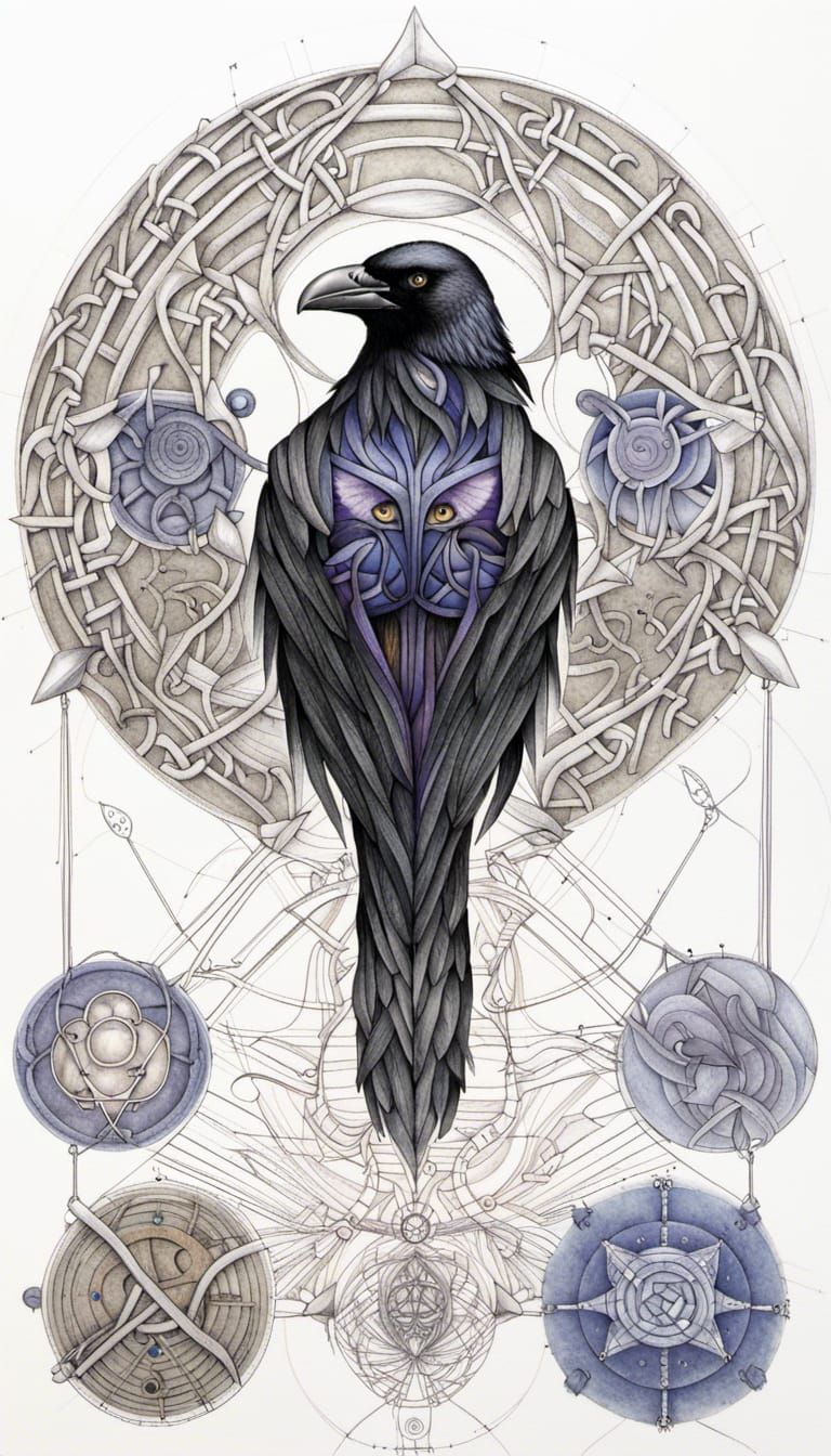 Anthropomorphic Crow: Technical Drawings with Celtic Runes