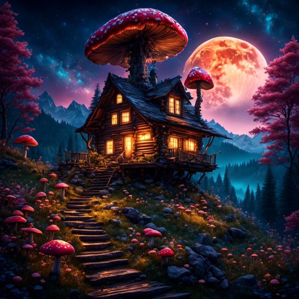 Night setting.  Small log cabin on hill above lake.  Wood steps. Bright,  colorful, Luminescent mushrooms.  Background i...