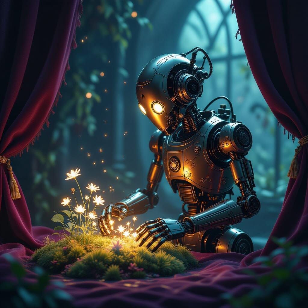 Steampunk Robot Tends Bioluminescent Garden in Velvet Chambe...