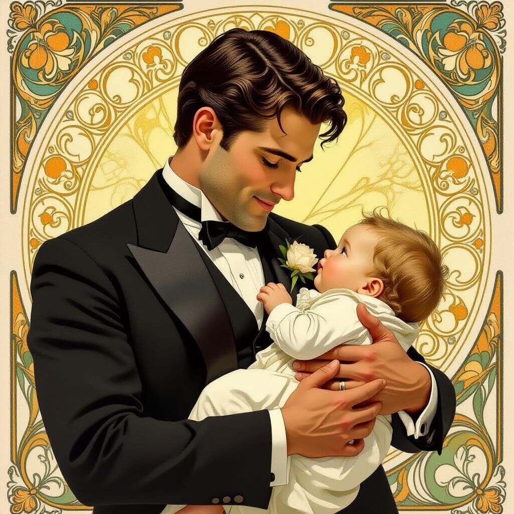 Affectionate Father and Child in Art Nouveau Style