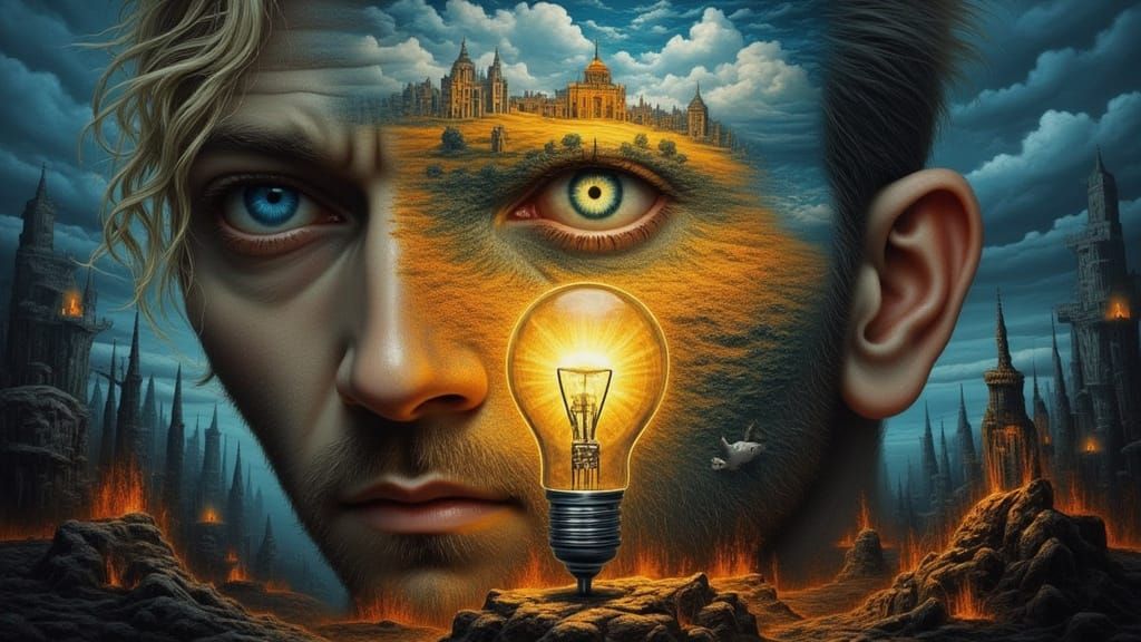 Man Holds Lightbulb World With Garden Sunset