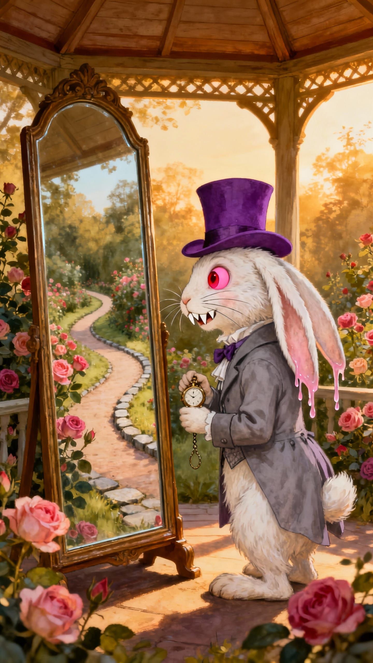 Rabbit in Top Hat Gazes in Mirror at Rose Garden