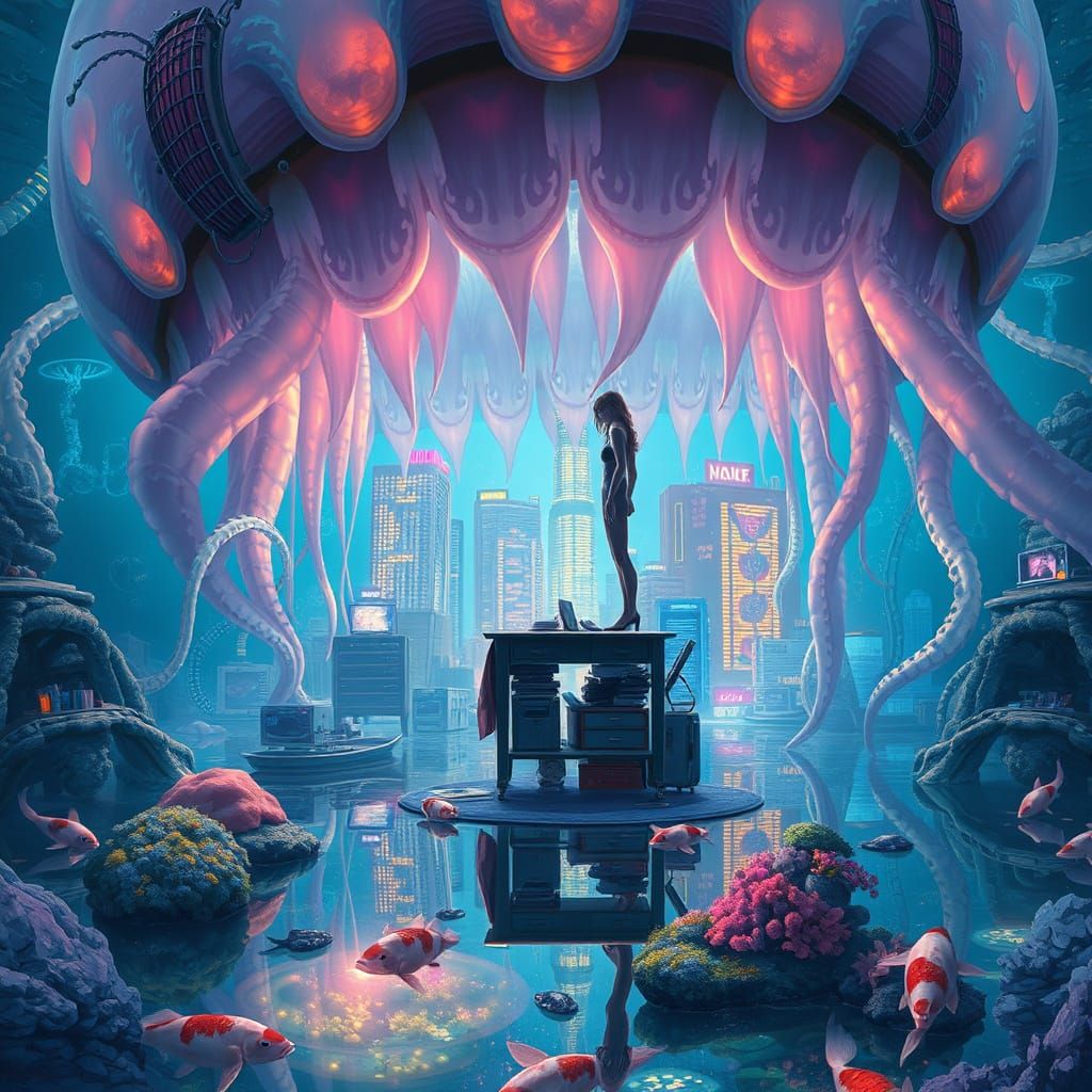 Cyberpunk Underwater City with Bioluminescent Jellyfish