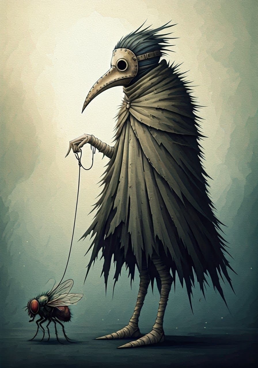 Plague Doctor Character with Fly, Impasto Gouache and Waterc...