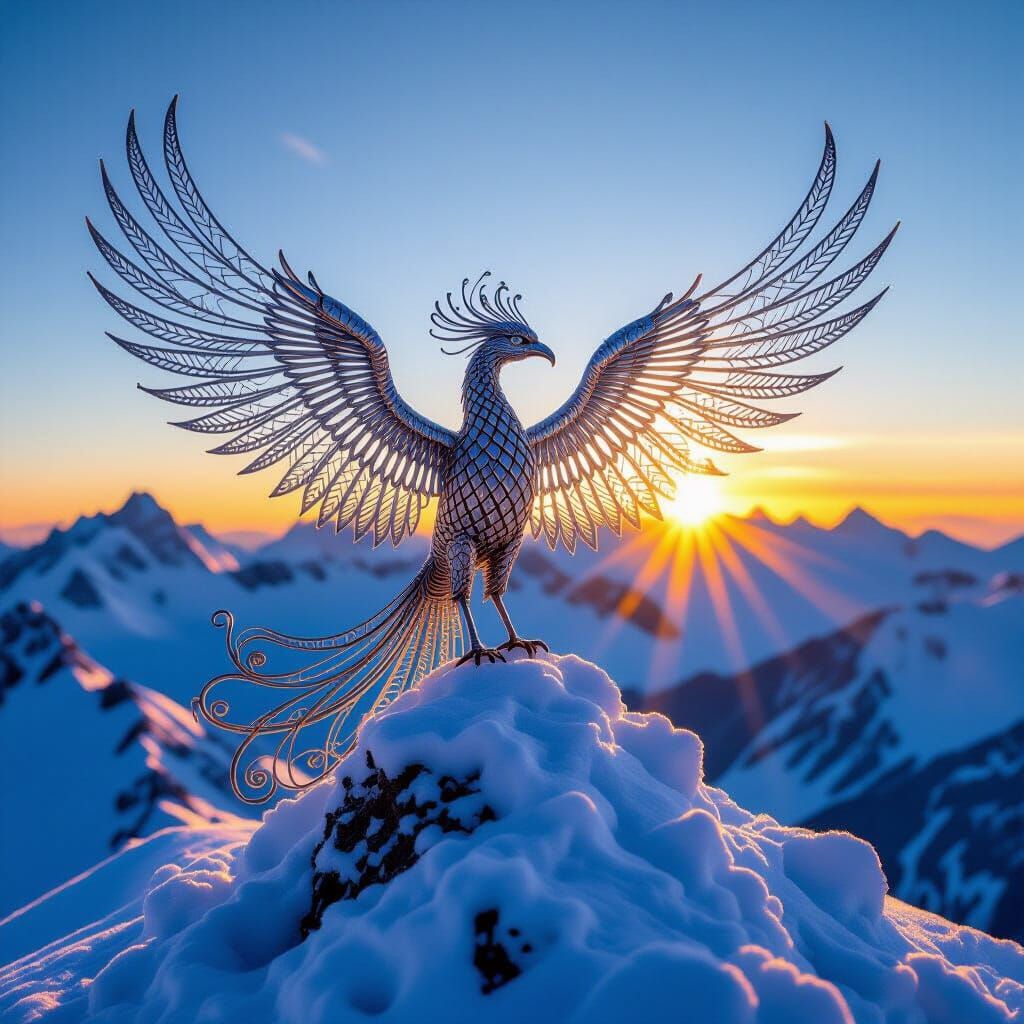 Silver Wire Phoenix Sculpture on Snowy Peak