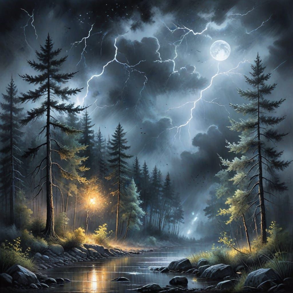 Dreamy Watercolor Forest Landscape with Thunderstorm